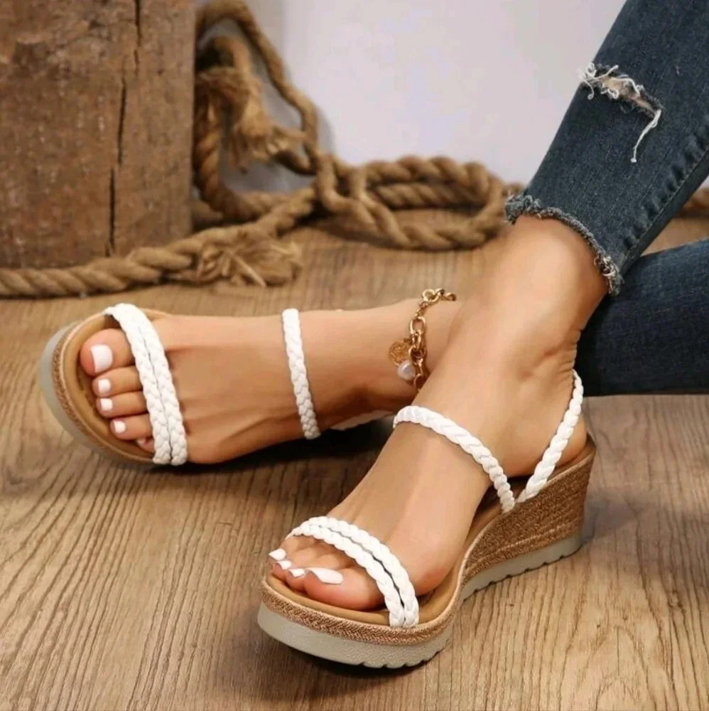 Vacation White Sandals For Women, Braided Detail Wedge Slide Sandals - Picture 3 of 5